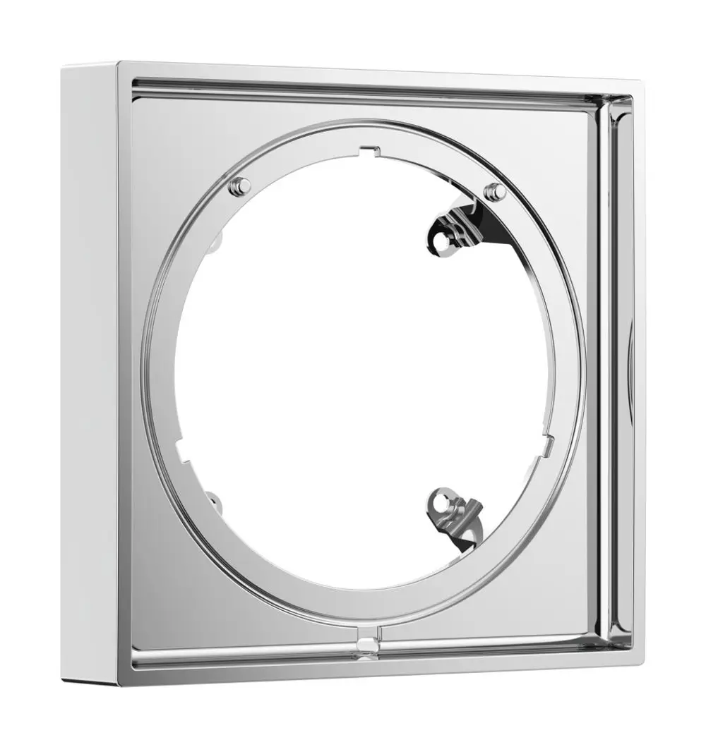 Verchromte Verlängerungsrosette von Hansgrohe mit quadratischem Design und zentralem Ausschnitt. Geeignet für verschiedene Installationen und Montage.